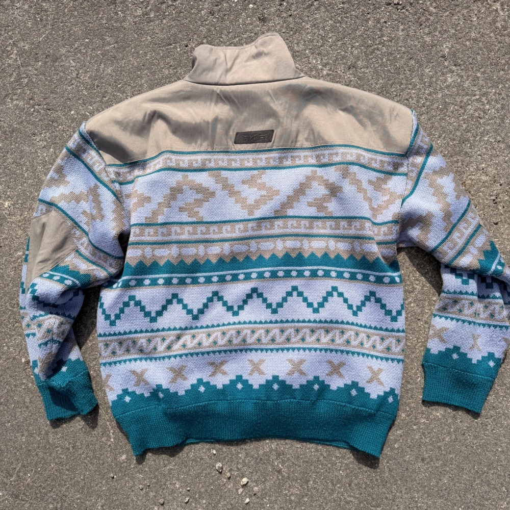 90s Spyder Windstopper Sweater Mens XL Aztec 1/4 Zip Teal Blue Wool Fair Isle - Picture 3 of 13